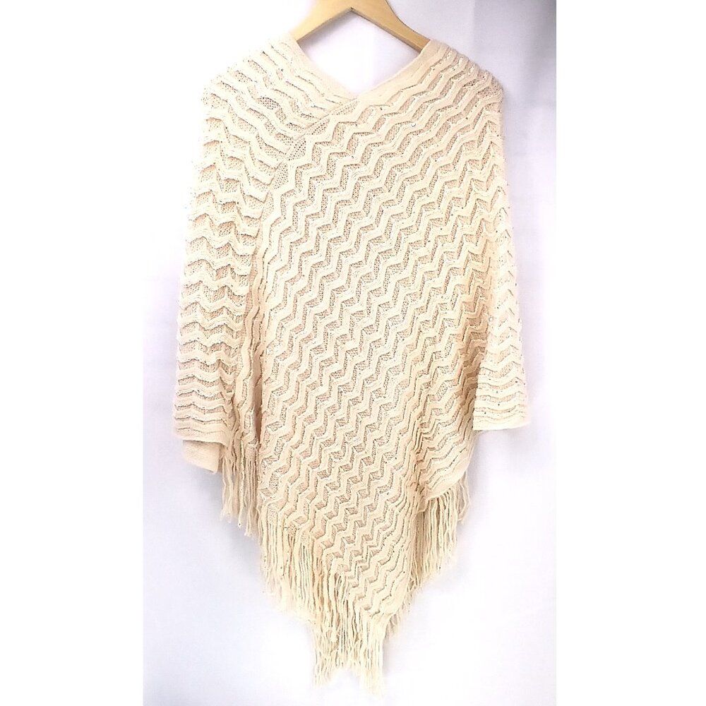 💲Sale 3/$15 - Assimetrical Cream Knit Openwork Shevron Poncho Fringe PLUS OS - Picture 3 of 4